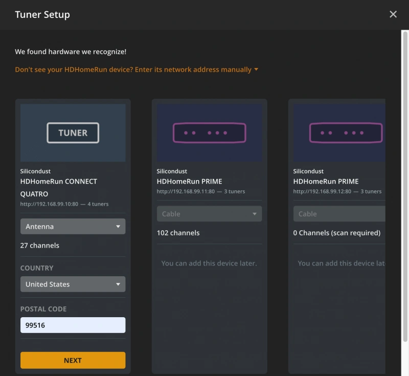Wähle xTeVe als Tuner aus – Plex erkennt es automatisch
